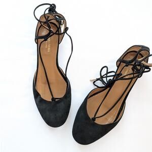 Aquazzura Black Suede Dancer Lace Up Strappy Ballet Flats, Size 38/US8